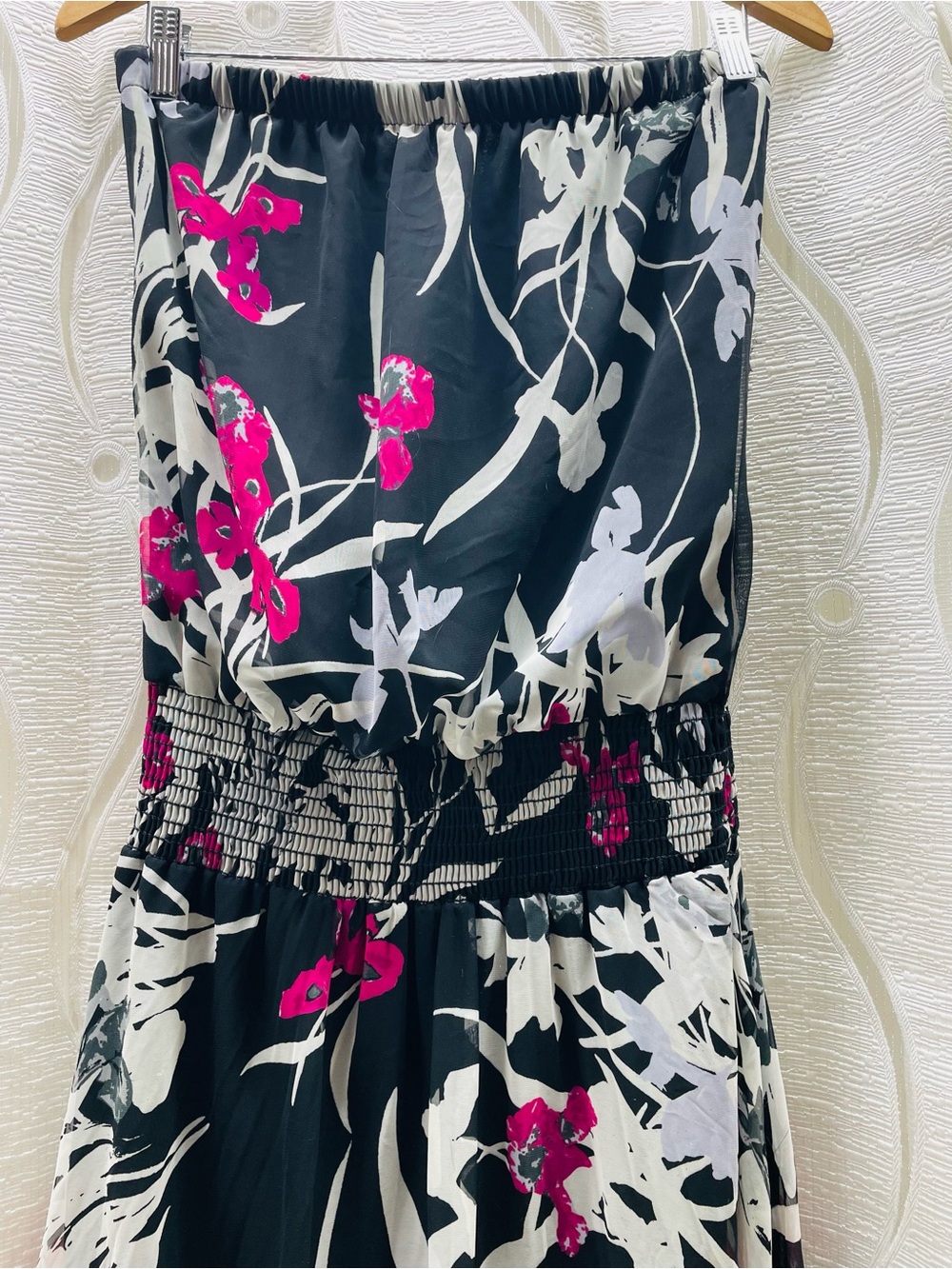 Va Va Voom Black Strapless Floral Maxi Dress with Fuchsia Accents - Picture 3 of 7